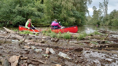 Müllsammeln auf der Pegnitz: Flaschen aus Glas und Plastik sammeln sich zwischen den Ästen an der Pegnitz | Bild: BR/Ulrike Nikola