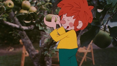 Der Pumuckl hat seine Vorliebe für Äpfel entdeckt. Deshalb nistet er sich in einem Schrebergarten ein und knabbert an jedem Apfel herum, den er erreichen kann. Bald wird er als "Schädling" gejagt. | Bild: BR/Infafilm GmbH/Original-Entwurf "Pumuckl"-Figur: Barbara von Johnson