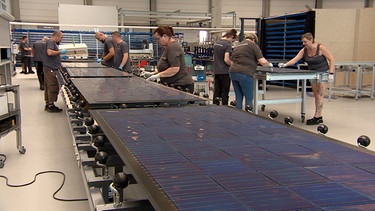 Ein Solarmodul wird im Werk gefertigt. | Bild: BR