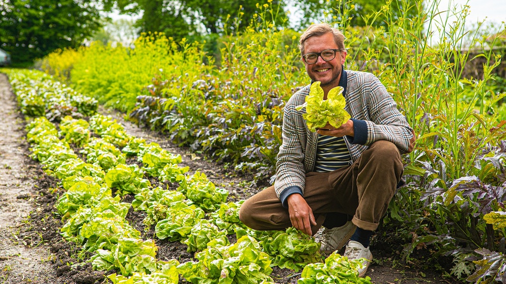 Johannes Schwarz, Biogärtner mit Faible für alte Gemüsesorten, hier mit einem seiner Lieblingssalate, der Goldforelle | Bild: BR/André Goerschel