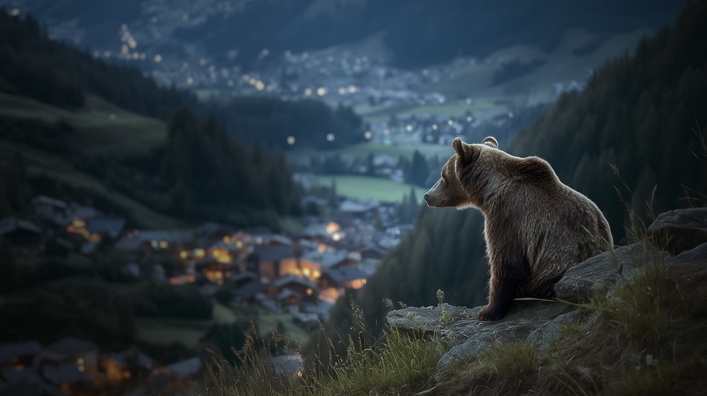 Ein Braunbär schaut auf eine Siedlung im Tal. | Bild: BR/beetz brothers film production/ Martin Eichhorn, mit Hilfe von KI erstellt. 