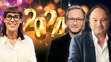 Eva Karl Faltermeier (li), Roman Deininger (mi), Rainer Maria Schießler (re), im Hintergrund die Zahlen 2024  | Bild: colourbox.com, BR, Redseven Entertainment GmbH | Martina Bogdahn, picture alliance/dpa | Britta Schultejans, Montage: BR