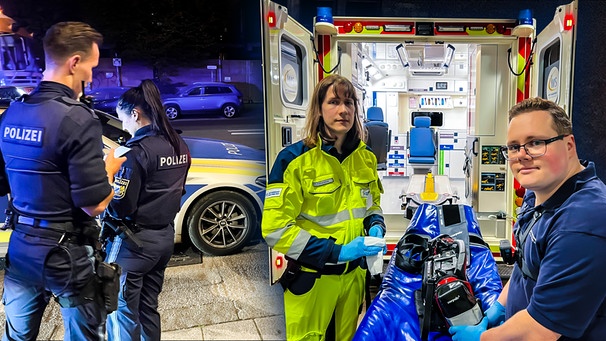 Polizeioberkommissar Yannick Dressel (li), Polizeihauptmeisterin Julia Laun (2. v. li), Rettungskräfte Sebastian Witt (re) und Ingo Petersen (2. v. re) während eines Einsatzes | Bild: BR / Till Rüger, Montage: BR