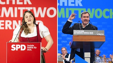 Die Vorsitzende der Bayern-SPD, Ronja Endres (li), Markus Söder, Parteivorsitzender der CSU, Ministerpräsident von Bayern (re) am Politischen Aschermittwoch 2025 | Bild: picture alliance / SVEN SIMON | Frank Hoermann / Lukas Barth, Montage: BR