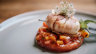 Die Hauptspeise von Lucki Maurer aus dem Siegermenü: Ziegenkäse auf Melone und Tomatensalat. | Bild: BR/megaherz GmbH/Thurmaier