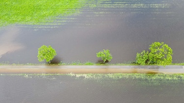 ARCHIV - 01.06.2024, Bayern, Dinkelscherben: Ganze Wiesen und Felder sind nach den anhaltenden Regenfällen überschwemmt und haben sich zu großen Seen gebildet (Luftaufnahme mit einer Drohne). (zu dpa: «Hochwasser vernichtet die Ernte vieler Höfe») Foto: Marius Bulling/onw-images/dpa +++ dpa-Bildfunk +++ | Bild: dpa-Bildfunk/Marius Bulling