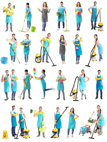 Collage von Putzkräften mit Reinigungsmitteln auf weißem Hintergrund. | Bild: stock.adobe.com/Pixel-Shot