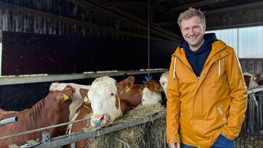 "Unser Land"-Moderator Florian Kienast im Kuhstall | Bild: BR/Laura Zirkel