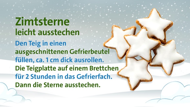 Auf der oberen Seite des Bildes schneit es, auf der unteren Seite des Bildes liegt Schnee. Darüber liegen fünf Zimtsterne auf der rechten Seite des Bildes. Auf der linken Seite steht der Text: Zimtsterne leicht ausstechen: Den Teig in einen ausgeschnittenen Gefrierbeutel füllen, ca. 1 cm dick ausrollen. Die Teigplatte auf ein Brettchen für 2 Stunden in das Gefrierfach. Dann die Sterne ausstechen. | Bild: Renate Windmeißer / colourbox