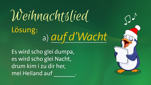 Lösung a) auf'd Wacht - Es wird scho glei dumpa, es wird scho glei Nacht, drum kim i zu dir her, mei Heiland auf'd Wacht. | Bild: Wir in Bayern