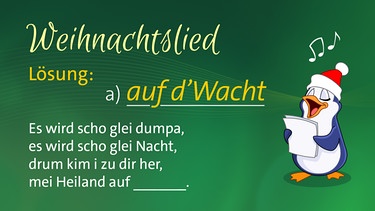 Lösung a) auf'd Wacht - Es wird scho glei dumpa, es wird scho glei Nacht, drum kim i zu dir her, mei Heiland auf'd Wacht. | Bild: Wir in Bayern