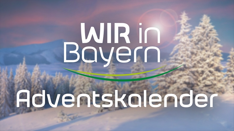 Eine Winterlandschaft mit beschneiten Tannen und Bergen im Hintergrund. Davor steht "Wir in Bayern" Adventskalender | Bild: Wir in Bayern