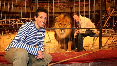 Von links: Willi mit dem Löwen Cassanga und dem Löwendompteur Martin Lacey jr. im Circus Krone. | Bild: BR/megaherz gmbh