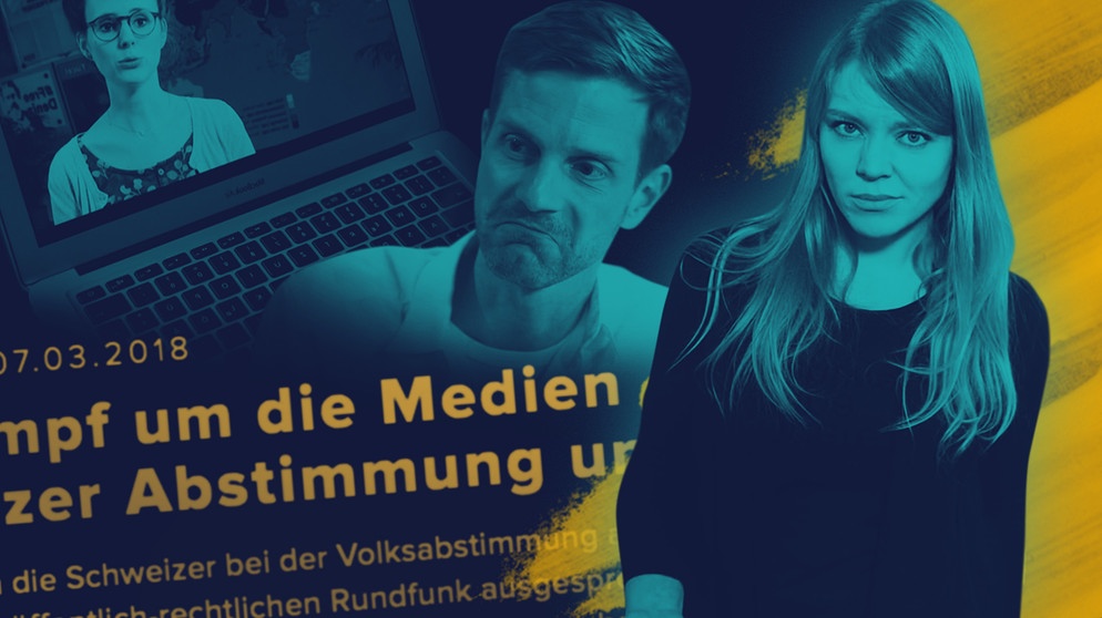 Moderatorin Sabine Pusch, Journalist und Satiriker Philipp Walulis, Video von Anne Renzenbrink in einem Bildschirm, Text "um die Medien", "Abstimmung" | Bild: BR