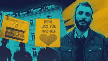 Altbau, im Vordergrund Demonstranten mit Schildern "Wohnraum für alle!" und "Kein Herz für Investoren"; Moderator: Ramo Ali | Bild: BR, picture-alliance.com; Montage: BR