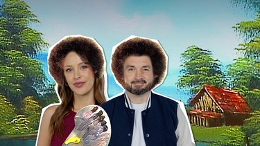 Sebastian Meinberg und Julia Nageler vor dem Bob Ross Bild "Home in the Valley" | Bild: Sebastian Meinberg und Julia Nageler: BR/Leah Ruprecht, Hintergrund: BR/Bob Ross Company, Montage BR