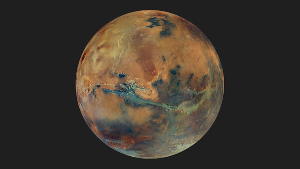 Der Mars - aufgenommen von der ESA-Sonde "Mars Express", die den Planeten seit 2003 umkreist. ACHTUNG: CC BY-SA 3.0 IGO (Namensnennung – Weitergabe unter gleichen Bedingungen 3.0 IGO)! | Bild: ESA/DLR/FU Berlin/G. Michael