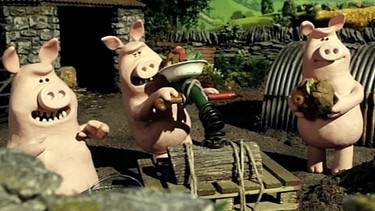 Auf die Plätze, fertig, Treffen! Die Schweine verdecken mit ihrem Matsch den ganzen Hof. Was wird der Farmer sagen? | Bild: Aardman Animations Ltd./BR/WDR