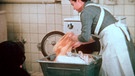 Vorführung eines Waschvollautomaten, 1955. Die meisten Frauen müssen noch von Hand schrubben, walken, kochen, wringen. | Bild: WDR/Labo M GmbH