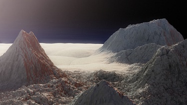 Darstellung einer Landschaft auf Pluto mit einem Gebirgszug und einer Ebene aus Stickstoff-Eis | Bild: BBC 2020/BDH Creative