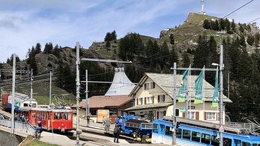 In Rigi Staffel teilt sich die Strecke. Die roten Züge fahren nach Vitznau, die blauen nach Goldau. | Bild: SWR