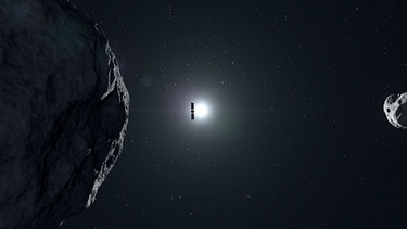 Hera und der Schutz der Asteroiden - Illustration: Die ESA-Sonde Hera und ihre beiden CubeSats im Didymos-System. | Bild: ESA - Science Office