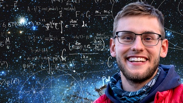 Jonas studiert im 5. Semester den Studiengang Physik an der Universität Dresden | Bild: Bayerischer Rundfunk/Hintergrund: Adobe Stock/BR/Hintergrundbild: Ulia Koltyrina /Joana Lenz