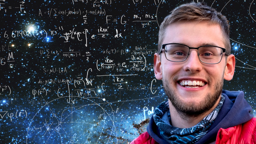 Jonas studiert im 5. Semester den Studiengang Physik an der Universität Dresden | Bild: Bayerischer Rundfunk/Hintergrund: Adobe Stock/BR/Hintergrundbild: Ulia Koltyrina /Joana Lenz