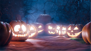 Mehrere ausgehöhlte und leuchtende Halloween-Kürbisse. Es ist Nacht, im Hintergrund ist Gestrüpp zu erkennen. Was feiern wir eigentlich genau jedes Jahr am 31. Oktober, an Halloween? Antworten auf die wichtigsten Fragen zum Gruselfest.  | Bild: Wochit/Getty Images