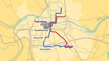 Grafik zum Streckenverlauf einer möglichen Regensburger Stadtbahn | Bild: Bayerischer Rundfunk 2024