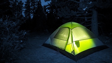 Ein grün leuchtendes Zelt steht in einem dunklen Wald. Illustration zu den Geschichten "Wildnis mit Hindernissen" und "Wildnis mit Missverständnis" von Cee Neudert | Bild: colourbox.com
