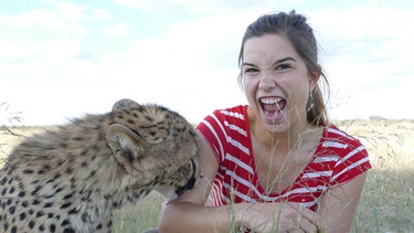 So jagd der Gepard | Anna bekommt die raue Zunge der Raubkatze zu spüren. Das fühlt sich wie Schleifpapier an. Dabei möchte der Gepard einfach nur etwas Salz abschlecken. | Bild: BR | Text und Bild Medienproduktion GmbH & Co. KG