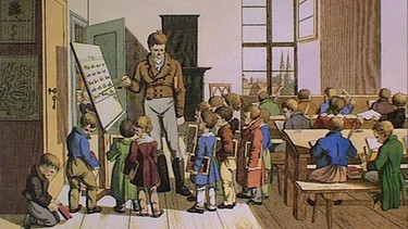 Illustration zur BR-Sendung "Mit Rohrstock, Schamm und Tintenfass" (2017), in der die Entwicklung des Lernens und Lehrens von der Einführung der allgemeinen Schulpflicht in Bayern (1802) bis heute gezeigt wird. | Bild: BR/BR