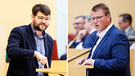 Wollen mit moderatem Kurs punkten: Der aktuelle Grünen-Fraktionschef Johannes Becher (links) und sein SPD-Amtskollege Holger Grießhammer. | Bild: Picture Alliance/dpa/Matthias Balk (2)/Collage: BR