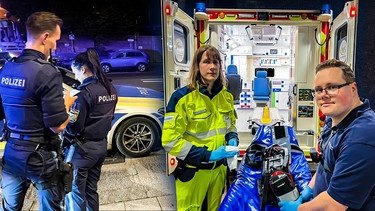 Polizeioberkommissar Yannick Dressel (li), Polizeihauptmeisterin Julia Laun (2. v. li), Rettungskräfte Sebastian Witt (re) und Ingo Petersen (2. v. re) | Bild: BR / Till Rüger, Montage: BR