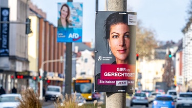 In Regensburg hängen schon die ersten Wahlplakate für die Bundestagswahl. Das BSW und die AfD haben den Anfang gemacht. | Bild: Armin Weigel/dpa