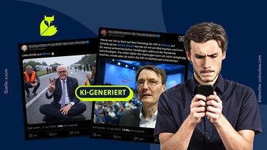 KI-generierte Bilder von Politikern kursieren auch im Wahlkampf - und können verwirrend sein. | Bild: BR Grafik / X.com / colourbox.com