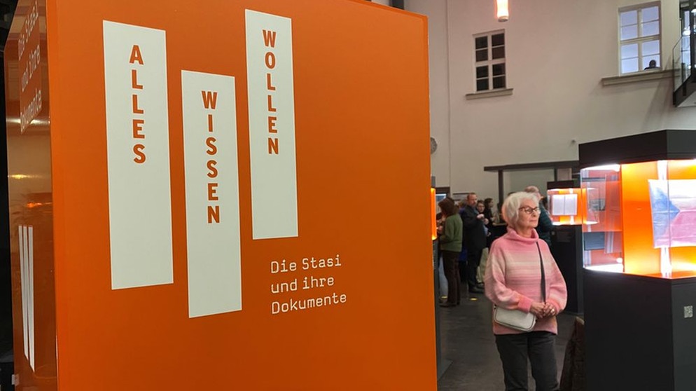 Die Ausstellung Alles Wissen Wollen mit beleuchteten Exponaten in hohen Stelen. | Bild: BR / Anja Bischof