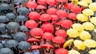 Menschen mit schwarz-rot-goldenen Regenschirmen nach ihrem Einbürgerungsfest vor dem sächsischen Landtag in Dresden | Bild: dpa-Bildfunk/Robert Michael