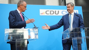 Berlin, 17.09.24: CDU-Chef Merz (l.) und CSU-Chef Söder (r.) bei ihrem gemeinsamen Pressestatement zur Kanzlerkandidatur der Union. | Bild: pa/dpa/Kay Nietfeld