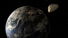 Asteroiden ziehen meist vorbei. Kleinere Meteoriten schlagen öfter auf der Erde ein. ESA-Raumsonde Ramses soll den Asteroiden Apophis genau erforschen. | Bild: Jonathan Männel / mit Eyes on the Solar System, NASA/JPL