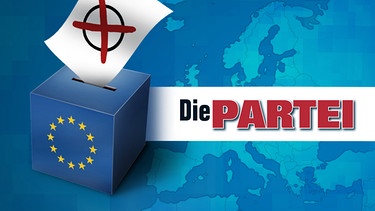 Illustration: Wahlurne mit EU-Logo und Parteilogo "Die Partei" | Bild: colourbox.com, BR; Montage: BR