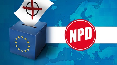 Illustration: Wahlurne mit EU-Logo und Parteilogo "NPD" | Bild: colourbox.com, BR; Montage: BR