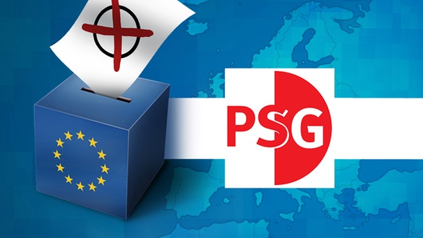 Illustration: Wahlurne mit EU-Logo und Parteilogo "PSG" | Bild: colourbox.com, BR; Montage: BR