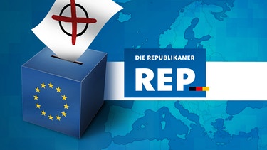 Illustration: Wahlurne mit EU-Logo und Parteilogo "Die Republikaner" | Bild: colourbox.com, BR; Montage: BR