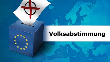 Illustration: Wahlurne mit EU-Logo und Parteilogo "Volksabstimmung" | Bild: colourbox.com, BR; Montage: BR