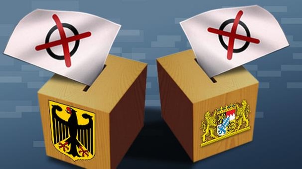 Zwei Wahlurnen mit Signets von Bund und Bayern | Bild: br; montage:br