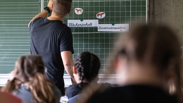 PRODUKTION - 27.06.2024, Baden-Württemberg, Neckartailfingen: Ein Lehrer macht im Unterricht einer vierten Klasse einer Grundschule einen Tafelanschrieb, während an der Tafel Zettel mit der Aufschrift «Flächeninhalt» und «Zentimeterquadrat» hängen. (zu dpa: «Hamburg vermeldet Rekord bei neu eingestellten Lehrkräften») Foto: Marijan Murat/dpa +++ dpa-Bildfunk +++ | Bild: dpa-Bildfunk/Marijan Murat