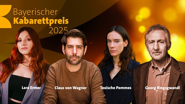 Die Preisträgerinnen und Preisträger 2025 (v. l.): Lara Ermer (Senkrechtstarter-Preis), Claus von Wagner (Hauptpreis), Toxische Pommes (Creator-Preis) und Georg Ringsgwandl (Ehrenpreis) | Bild: Montage: BR