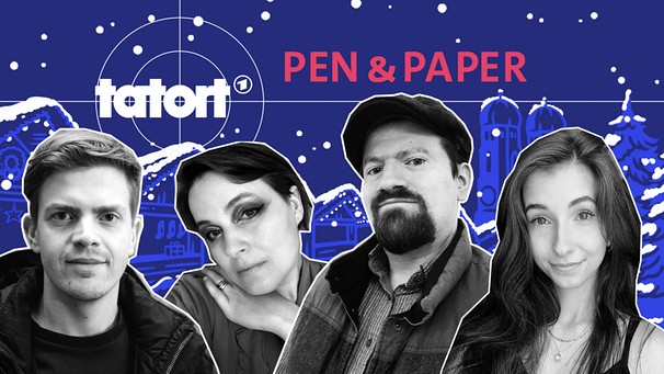 Key Visual mit Typo zum Liveevent "Tatort Pen & Paper: Kaltes Gold". Wer hat den Archäologieprofessor auf dem Gewissen und den Keltenschatz gestohlen? Beim zweiten Pen & Paper Tatort "Kaltes Gold" ermitteln Schauspieler Ferdinand Hofer (links), Streamerin Baso (rechts) und Streamer Ben&Paper am 4. und 6. Dezember ab 19.00 Uhr live auf der Streaming-Plattform Twitch. Angeleitet werden sie von Spielleiterin Mháire Stritter. | Bild: BR/Bianca Taube/Mháire Stritter/Benjamin Ting/Baso/Montage und Illustration: Carina Urban 